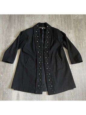 Komitor Womens Black Wool Coat Rhinestone Lapel Open Front Vintage USA 14/16